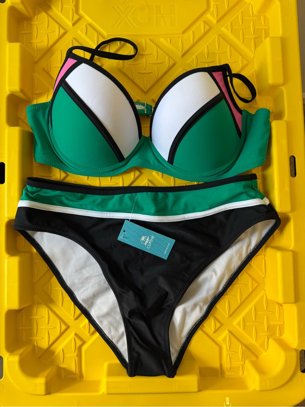 Cupshe Green, Black, White & Pink Colorblock Two-Piece Bikini
